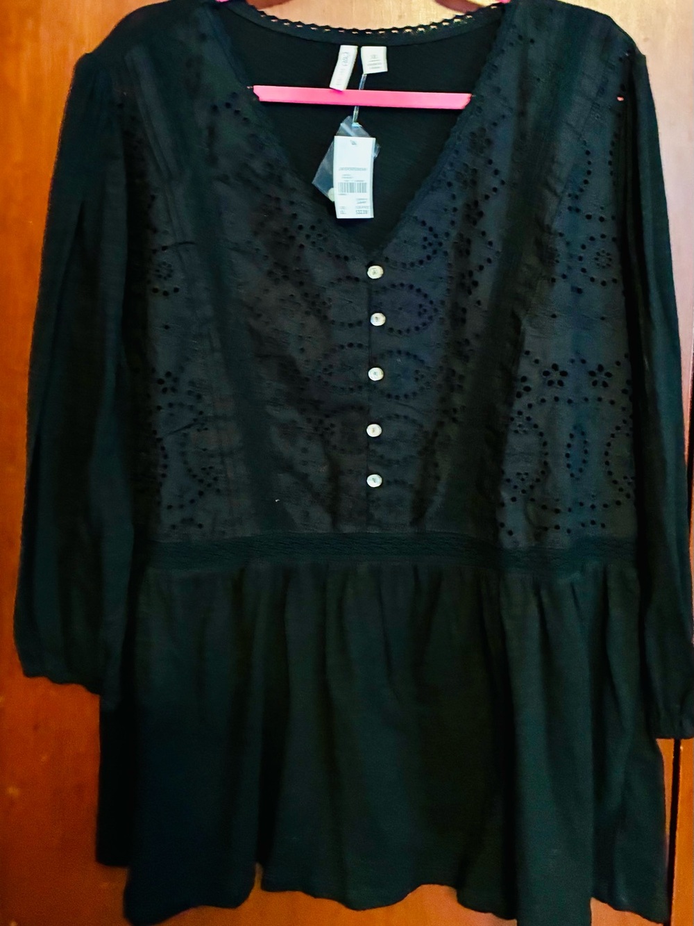 Cato Black Eyelet Button-Front Peplum Top